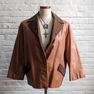 Vintage Brown Leather Jacket Rusty Orange Cropped Preppy Blazer Tweed Coat Small